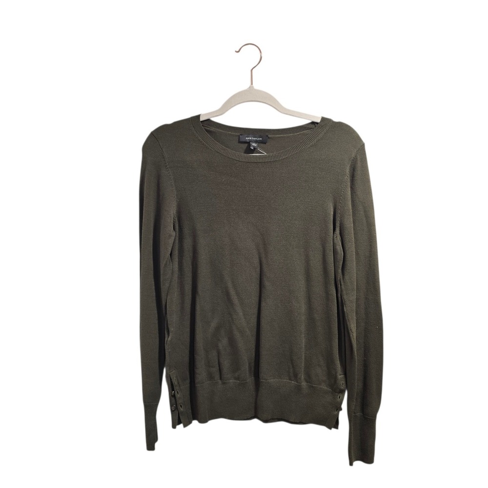 Ann Taylor Sweater Women Medium Olive Green NWT Side Button Crewneck‎ Pullover